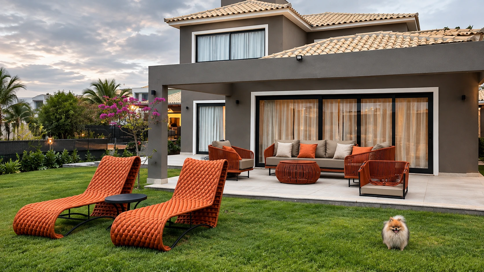Duas chaises e um conjunto de sofás em tricô náutico cor de terracota diante de uma casa, ao entardecer