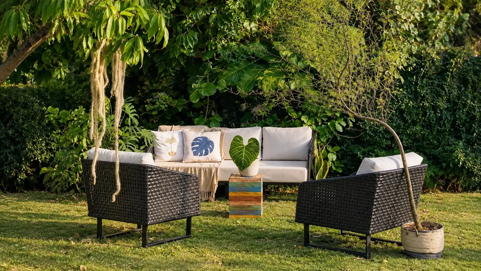 Sofá e poltronas em tricô náutico preto com almofadas bege, em jardim externo cercado de vegetação